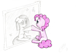 Size: 1024x724 | Tagged: safe, artist:hanginfromacloud, pinkie pie, g4, mirror, pinkamena diane pie