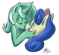 Size: 1000x935 | Tagged: safe, artist:romaniz, bon bon, lyra heartstrings, sweetie drops, earth pony, unicorn, anthro, g4, duo, female, hand, kiss on the lips, kissing, lesbian, ship:lyrabon, shipping