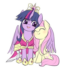 Size: 650x700 | Tagged: safe, artist:yubi, fluttershy, twilight sparkle, alicorn, pegasus, pony, g4, big crown thingy, blushing, c:, clothes, coronation dress, crown, cute, dress, duo, duo female, element of magic, eyes closed, female, happy, head tilt, hug, jewelry, lesbian, mare, nuzzling, open mouth, partially open wings, princess shoes, raised hoof, regalia, ship:twishy, shipping, shyabetes, simple background, sitting, smiling, snuggling, spread wings, twiabetes, twilight sparkle (alicorn), white background, winghug, wings