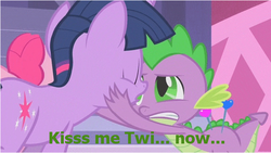 Size: 641x362 | Tagged: safe, edit, edited screencap, screencap, pinkie pie, spike, twilight sparkle, dragon, pony, unicorn, g4, green isn't your color, caption, female, male, mare, out of context, pincushion spike