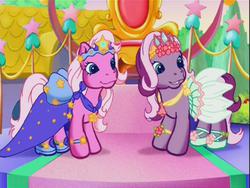 Size: 640x480 | Tagged: safe, screencap, pinkie pie (g3), wysteria, earth pony, pony, g3, the princess promenade, clothes, dress, princess pinkie pie, princess wysteria