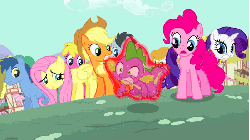 Size: 550x309 | Tagged: safe, screencap, applejack, blues, carrot top, cherry berry, fluttershy, golden harvest, lucky clover, noteworthy, pinkie pie, rarity, spike, g4, magic duel, animated