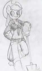 Size: 1146x1920 | Tagged: safe, artist:atryl, applejack, earth pony, anthro, g4, belly button, cleavage, female, front knot midriff, midriff, monochrome, solo, traditional art