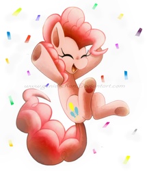 Size: 971x1131 | Tagged: safe, artist:genie-chan, artist:genystar, pinkie pie, earth pony, pony, g4, confetti, eyes closed, female, happy, jumping, party, smiling, solo, traditional art