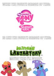 Size: 745x1053 | Tagged: safe, big macintosh, doctor whooves, time turner, trixie, earth pony, pony, g4, season 4, alicorn drama, dexter's laboratory, male, meta, stallion