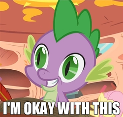 Size: 400x380 | Tagged: safe, fluttershy, spike, dragon, g4, duo, golden oaks library, i'm okay with this, image macro, male, reaction image, smiling