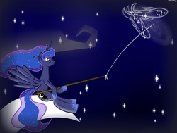 Size: 900x680 | Tagged: safe, artist:hudoyjnik, princess luna, alicorn, fish, pony, g4, constellation, crescent moon, female, fishing, mare, pisces, sitting, solo, tangible heavenly object