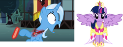 Size: 798x305 | Tagged: safe, edit, edited screencap, screencap, trixie, twilight sparkle, alicorn, pony, g4, magic duel, magical mystery cure, alicorn amulet, big crown thingy, clothes, coronation dress, dress, female, jaw drop, mare, twilight sparkle (alicorn), wings, wtf