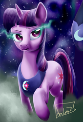 Size: 543x800 | Tagged: safe, artist:archonix, nightmare moon, twilight sparkle, g4, amulet, armor, dark, dark magic, ethereal mane, frown, glare, glowing eyes, mane, raised hoof, sombra eyes