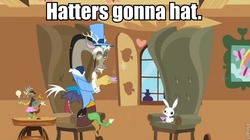 Size: 760x425 | Tagged: safe, edit, edited screencap, screencap, angel bunny, discord, g4, keep calm and flutter on, alice in wonderland, cup, discord lamp, haters gonna hate, image macro, mad hatter, pun, tea, tea party, teacup