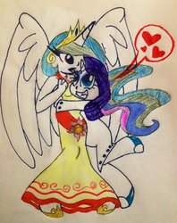 Size: 796x1004 | Tagged: safe, artist:miss-zi-zi, princess celestia, rarity, anthro, g4, ambiguous facial structure, clothes, dress, female, heart, hug, lesbian, ship:rarilestia, shipping, traditional art