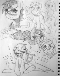 Size: 1000x1263 | Tagged: safe, artist:mewball, lyra heartstrings, pony, g4, clothes, female, hoodie, lyre, monochrome, music notes, sketch, sketch dump, solo, traditional art