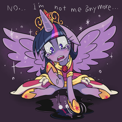 Size: 1300x1300 | Tagged: safe, artist:gashi-gashi, twilight sparkle, alicorn, pony, g4, alicorn drama, big crown thingy, body dysmorphic distress, clothes, coronation dress, crown, crying, drama, dress, elements of harmony, female, floppy ears, horseshoes, i never asked for this, jewelry, looking at self, looking down, mare, princess shoes, puddle, reflection, regalia, sad, solo, sparkles, spread wings, tears of sadness, teary eyes, twilight sparkle (alicorn), wings