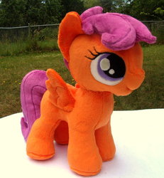Size: 858x930 | Tagged: safe, artist:fireflytwinkletoes, scootaloo, pegasus, pony, g4, irl, outdoors, photo, plushie, spread wings, toy, wings
