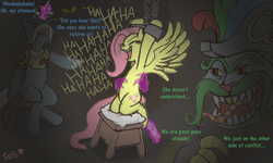 Size: 751x451 | Tagged: safe, artist:fr-13, fluttershy, oc, g4, bondage, cave, cheshire dragon, feather, feathered wonder hoofs, fetish, hoof tickling, hooves, shackles, tickle fetish, tickle torture, tickling