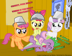 Size: 626x485 | Tagged: safe, artist:changeling #209458, apple bloom, scootaloo, spike, sweetie belle, g4, bucket, clothes, cosplay, costume, cutie mark crusaders, headbucket, knight, tickle torture, tickling