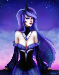 Size: 796x1000 | Tagged: safe, artist:mynxie-chu, artist:mynxuu, princess luna, human, g4, female, humanized, solo, stars