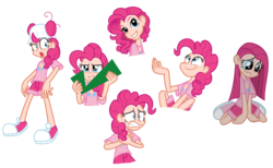 Size: 2500x1538 | Tagged: safe, artist:trinityinyang, pinkie pie, human, g3, g4, check mark, clothes, collage, converse, crazy face, diaper, diaper on head, facial expressions, faic, felt, female, g3 faic, g4 to g3, generation leap, happy, humanized, nervous, pinkamena diane pie, pinkie's silly face, sad, scared, simple background, sitting, solo, transparent background