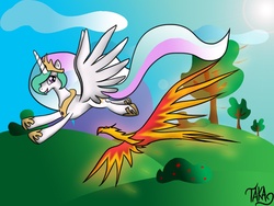 Size: 1024x768 | Tagged: safe, artist:miguelbaba, philomena, princess celestia, phoenix, g4, flying