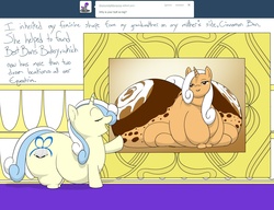 Size: 1500x1150 | Tagged: safe, artist:lesang, oc, oc only, oc:belle bottom, oc:cinnamon bun, pony, unicorn, ask belle bottom, bedroom eyes, fat, filly, impossibly large butt, impossibly wide hips, morbidly obese, obese, wide hips
