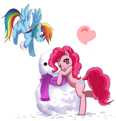 Size: 766x802 | Tagged: safe, artist:d-tomoyo, pinkie pie, rainbow dash, g4, clothes, heart, scarf, snow, snowball, snowman