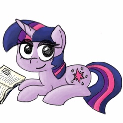 Size: 1000x1000 | Tagged: safe, twilight sparkle, pony, unicorn, g4, book, female, mare, prone, reading, simple background, smiling, solo, white background