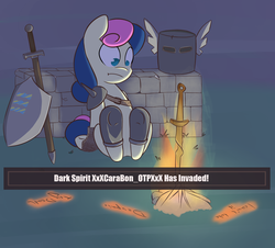 Size: 1563x1415 | Tagged: dead source, safe, artist:spaerk, bon bon, sweetie drops, earth pony, pony, g4, bonfire, crossover, dark souls, female, fire, helmet, no pupils, shield, solo, sword, weapon