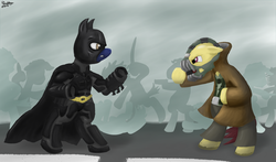 Size: 1950x1149 | Tagged: safe, artist:reakkorshrike, bane, batman, ponified, the dark knight