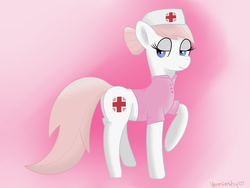 Size: 2000x1500 | Tagged: safe, artist:verminshy, nurse redheart, earth pony, pony, g4, female, lidded eyes, mare, raised hoof, smiling, solo