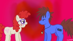 Size: 1920x1080 | Tagged: safe, artist:stardragon102, twist, earth pony, pony, g4, blushing, crack shipping, crossover, gary motherfucking oak, gary oak, lidded eyes, looking at each other, nintendo, parody, pokémon, ponified, shipping, smiling, twistoak