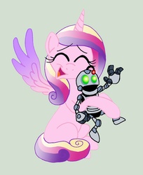 Size: 1208x1477 | Tagged: safe, artist:dragonblood6400, princess cadance, alicorn, pony, robot, g4, clank, crossover, duo, eyes closed, female, hug, open mouth, open smile, ratchet and clank, simple background, smiling