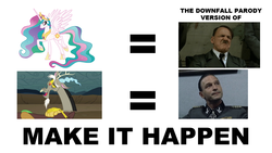 Size: 1280x720 | Tagged: safe, discord, princess celestia, alicorn, draconequus, human, g4, adolf hitler, clothes, downfall, exploitable meme, female, hermann fegelein, iron cross, make it happen, male, mare, meme, parody