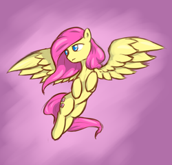 Size: 681x657 | Tagged: safe, artist:poptart36, fluttershy, pegasus, pony, g4, abstract background, colored pupils, flying, full body, raised hoof, solo, spread wings, wings, wrong eye color