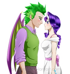 Size: 1406x1500 | Tagged: safe, artist:pia-sama, rarity, spike, human, g4, clothes, female, horn, horned humanization, humanized, male, older, older spike, ship:sparity, shipping, simple background, white background, winged humanization, winged spike, wings