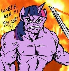 Size: 945x976 | Tagged: safe, artist:megasweet, twilight sparkle, anthro, g4, manly, muscles, rob liefeld, sword, twilight muscle, vein