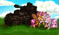 Size: 3177x1887 | Tagged: safe, artist:tasertail, apple bloom, scootaloo, sweetie belle, g4, cutie mark crusaders, tank (vehicle)