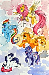 Size: 1576x2388 | Tagged: safe, artist:emutee, applejack, fluttershy, rainbow dash, rarity, twilight sparkle, g4, cloud, cloudy, cushion, traditional art