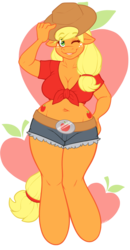 Size: 644x1238 | Tagged: safe, artist:sheela, applejack, earth pony, anthro, unguligrade anthro, g4, applebucking thighs, belly button, big breasts, breasts, busty applejack, cleavage, clothes, denim shorts, female, front knot midriff, hat, impossibly wide hips, midriff, shorts, solo, wide hips, wink