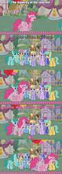 Size: 500x1401 | Tagged: safe, edit, edited screencap, screencap, aura (g4), cloud kicker, dinky hooves, dizzy twister, doctor whooves, liza doolots, meadow song, minuette, orange swirl, petunia, pinkie pie, sassaflash, sea swirl, seafoam, spring melody, sprinkle medley, sunshower raindrops, time turner, tootsie flute, g4, it's about time, alicorn drama, comic, dialogue, image macro, meme