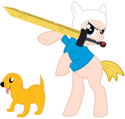 Size: 915x874 | Tagged: safe, artist:thatfatbrony, adventure time, crossover, finn the human, jake the dog, male, mouth hold, ponified, simple background, sword, tongue out, transparent background, vector