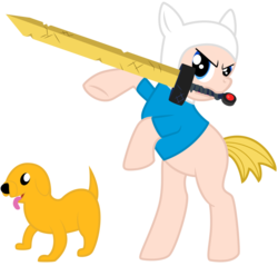 Size: 915x874 | Tagged: safe, artist:thatfatbrony, dog, pony, adventure time, crossover, finn the human, jake the dog, male, mouth hold, ponified, simple background, sword, tongue out, transparent background, vector