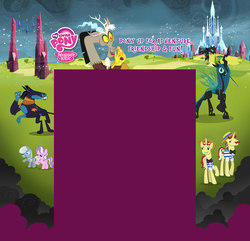 Size: 1600x1544 | Tagged: safe, ahuizotl, diamond tiara, discord, flam, flim, queen chrysalis, silver spoon, changeling, g4, official, crystal empire, flim flam brothers, hubworld, my little pony logo