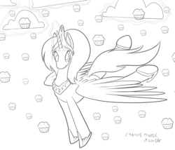 Size: 1280x1095 | Tagged: safe, artist:cynicalmoose, derpy hooves, alicorn, pony, g4, 30 minute art challenge, alicornified, derpicorn, female, horn, monochrome, muffin, muffin queen, race swap, solo