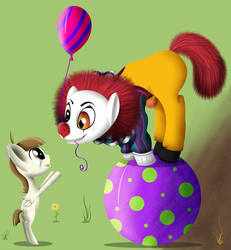 Size: 2914x3157 | Tagged: safe, artist:super-zombie, featherweight, g4, ball, balloon, clown, crossover, it, pennywise, ponified, ponywise, this will end in tears and/or death