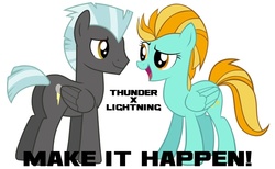 Size: 811x500 | Tagged: safe, lightning dust, thunderlane, pegasus, pony, g4, duo, exploitable meme, female, make it happen, male, mare, ship:thunderdust, shipping, simple background, stallion, straight, white background