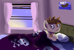 Size: 1195x803 | Tagged: safe, artist:ragingsemi, pipsqueak, g4, awake, bed, bedroom, curtains, pillow, solo, window