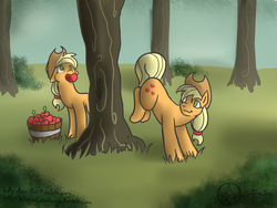 Size: 1024x768 | Tagged: safe, artist:aeritus, applejack, earth pony, pony, g4, 30 minute art challenge, apple, applebucking, applejack's hat, clone, cowboy hat, female, food, hat, mare, mouth hold, self ponidox