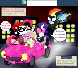 Size: 2550x2200 | Tagged: safe, artist:blackbewhite2k7, fluttershy, pinkie pie, rainbow dash, rarity, earth pony, pegasus, pony, unicorn, g4, :p, batman, batmare, blush sticker, blushing, car, catmare, chase, clothes, cosplay, costume, crossover, dc comics, dialogue, driving, eyes closed, flank, flying, grin, gritted teeth, harley quinn, mooning, panties, parody, pinkie quinn, poison ivy, poison ivyshy, smiling, teeth, tongue out, underwear