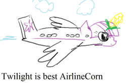 Size: 896x591 | Tagged: safe, artist:syntaxbananaz, twilight sparkle, alicorn, pony, g4, alicorn drama, corn, plane, pun, twilight sparkle (alicorn)