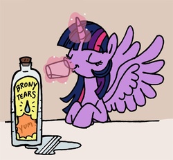 Size: 566x524 | Tagged: safe, artist:kiguren, twilight sparkle, alicorn, pony, g4, alicorn drama, bottle, brony tears, drinking, eyes closed, female, mare, solo, spread wings, twilight sparkle (alicorn), wings, your tears are delicious